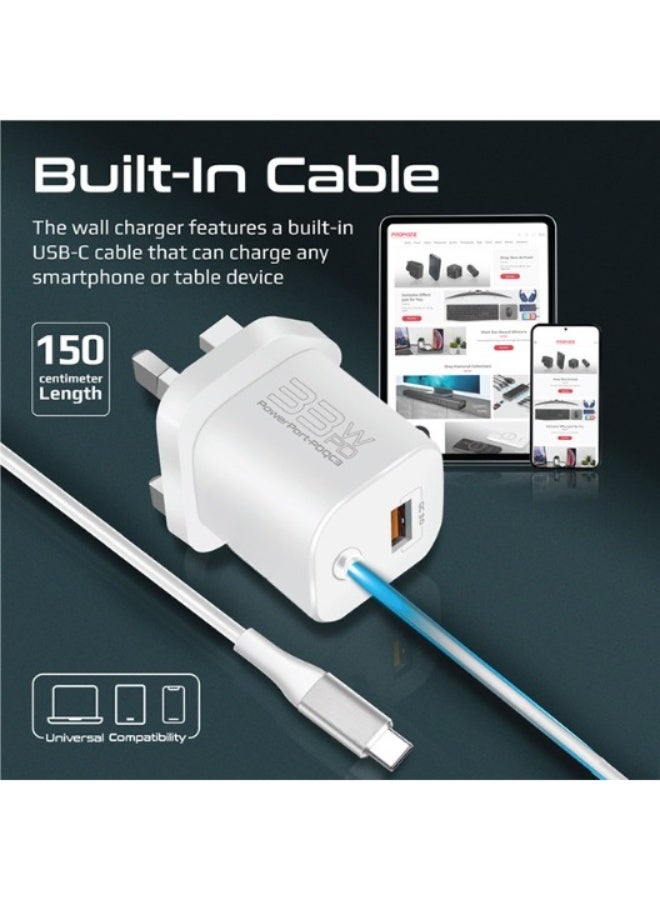 REBENUO USB-C Charger 33W Power Delivery Wall Adapter with 22.5W Quick Charge 3.0 Port, In-Built 1.5M Type-C Cable and Adaptive Safe Charging White - Image 4