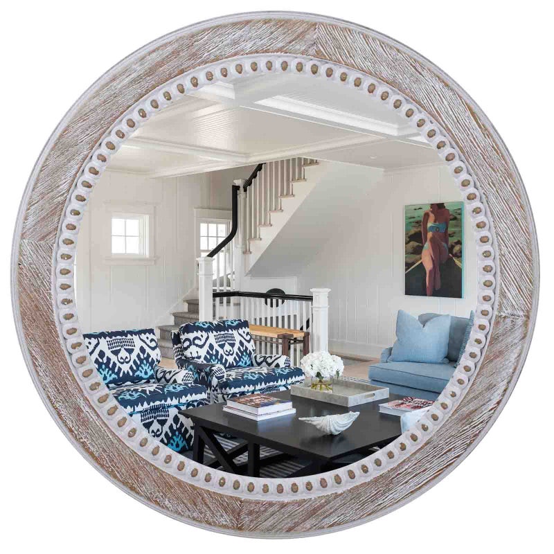 Decointo 24 Round Mirror Boho Wood Circle Mirrors with Beads Decorative Wall Mirrors for Entryway Bathroom Bedroom Living Room Rustic Farmhouse Hanging Mirror 