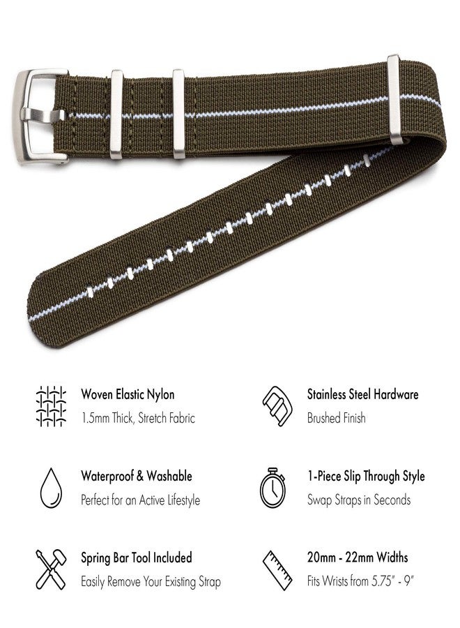 Benchmark Basics Elastic Watch Band - Parachute Nylon One-Piece Military Style Watch Straps for Men & Women - Choice of Color & Width - 20mm or 22mm, Green/White, 20mm, Military - Image 2