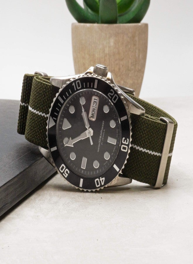 Benchmark Basics Elastic Watch Band - Parachute Nylon One-Piece Military Style Watch Straps for Men & Women - Choice of Color & Width - 20mm or 22mm, Green/White, 20mm, Military - Image 3