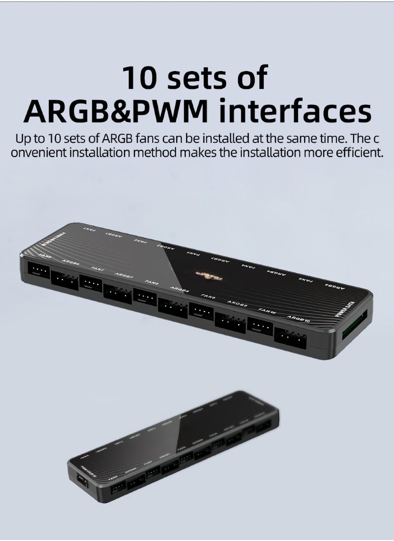 Generic - ARGB Fan Hub, 2 In 1 Portable Fan Hub Adapter, Nine Fan And Nine Led Ports Pc Fan Hub Support, Durable Compact Computer ARGB Fans Splitter, (Black, LP10 Hub With ARGB Controller) - Image 1