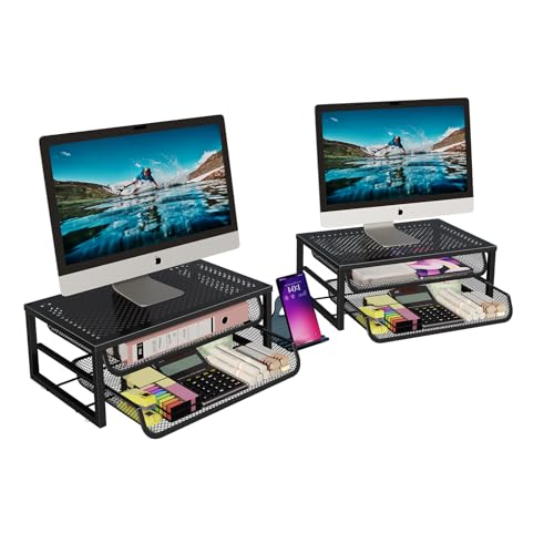 Ekisemio 2Pack 2Tier Monitor Stand Riser with Drawer Metal Computer Desk Organizer for Home Office Black - Image 1
