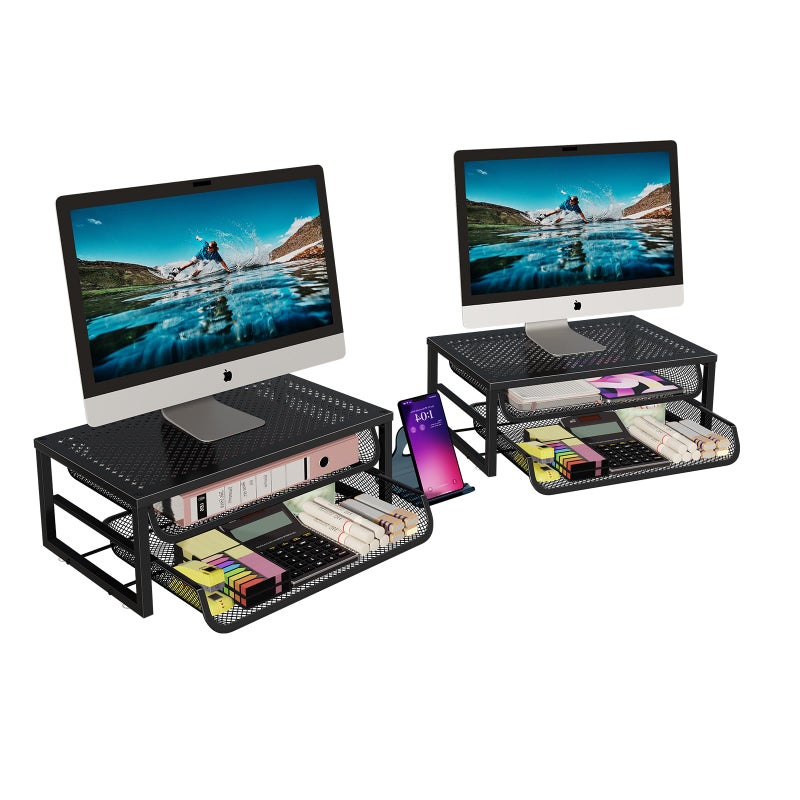 Ekisemio 2Pack 2Tier Monitor Stand Riser with Drawer Metal Computer Desk Organizer for Home Office Black - Image 2