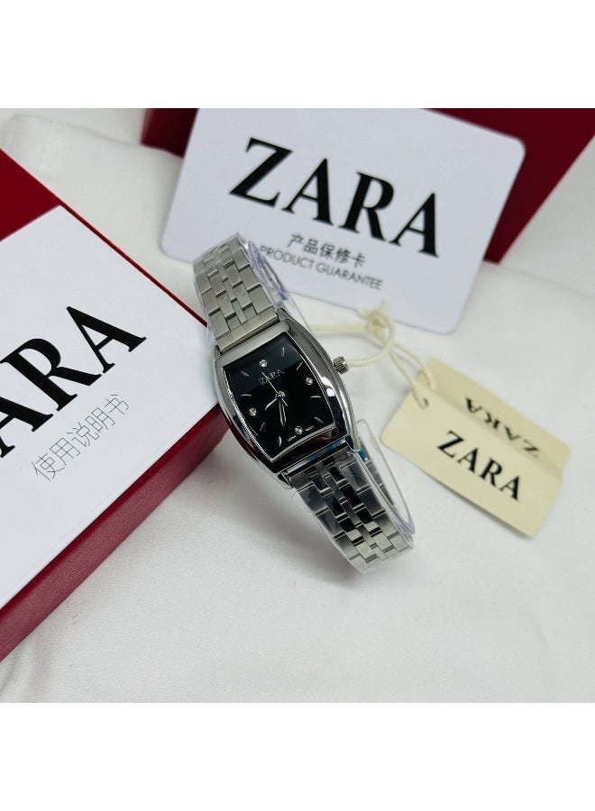 ZARA Luxury Women's Silver-Tone Barrel Watch | Black Dial with Crystal Markers | Stainless Steel Bracelet