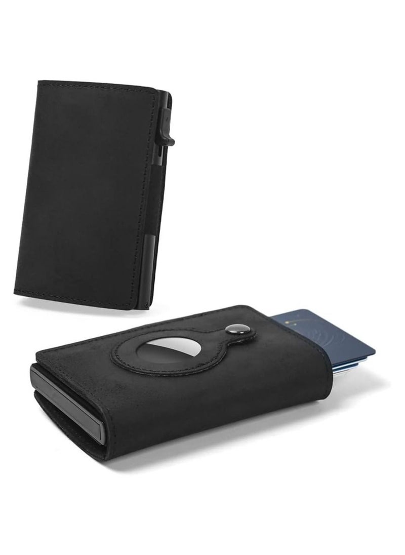 Dubkart Smart Air Tag Wallet | RFID Credit Card Money Holder Automatic Pop up Mini Aluminum Wallet | Pocket-Sized and Slim Design Multipurpose Accessory for AirTag | Airtag Case Cover for Men…, Black Leather  - Image 1