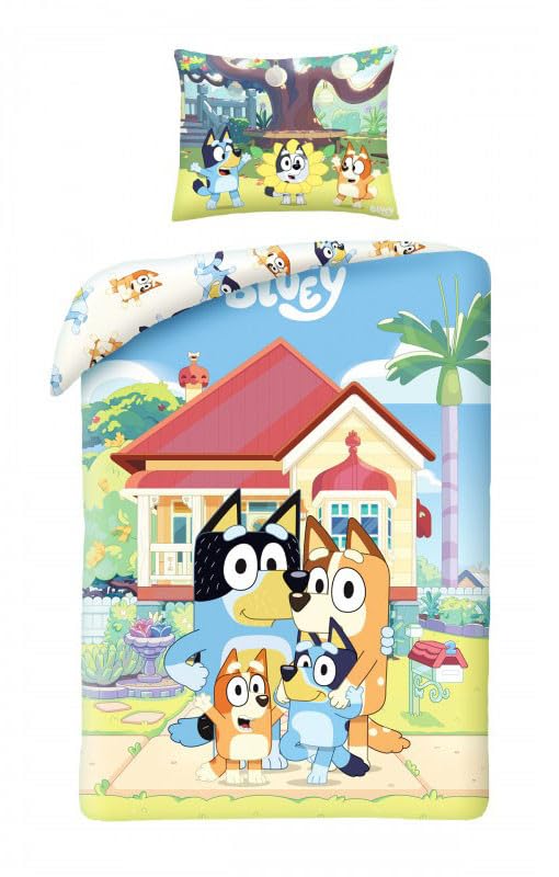 Bluey Bingo Bandit Chilli Family Dog Bed Set  Reversible Duvet Cover 140 x 200 cm and Pillowcase 70 x 90 cm  MultiColoured  100 Cotton