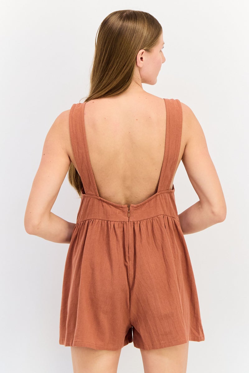 Billabong Women Solid Sleeveless Jumpsuit, Rust Brown - Image 2