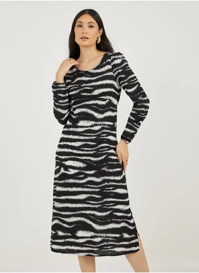 ستايلي Animal Print Long Sleeves A-Line Midi Dress