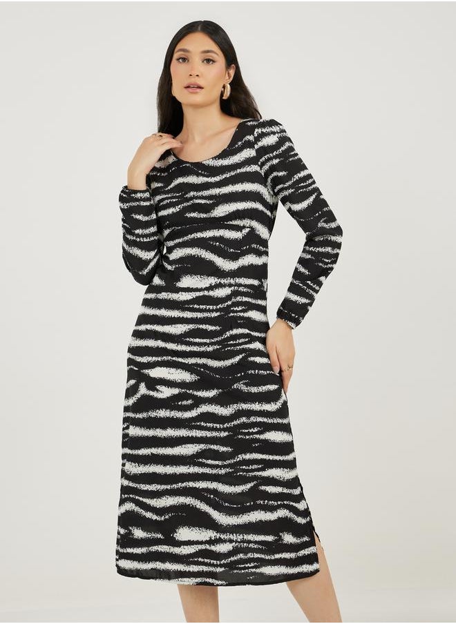 Styli - Animal Print Long Sleeves A-Line Midi Dress - Image 1