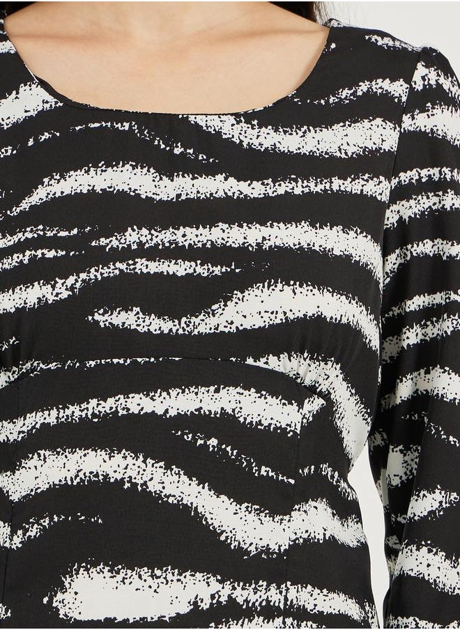 Styli - Animal Print Long Sleeves A-Line Midi Dress - Image 1