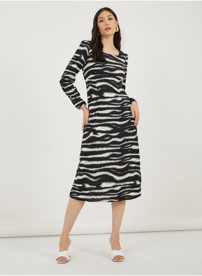Styli - Animal Print Long Sleeves A-Line Midi Dress - Image 1
