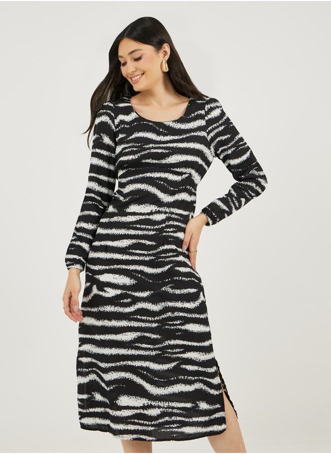 Styli - Animal Print Long Sleeves A-Line Midi Dress - Image 1