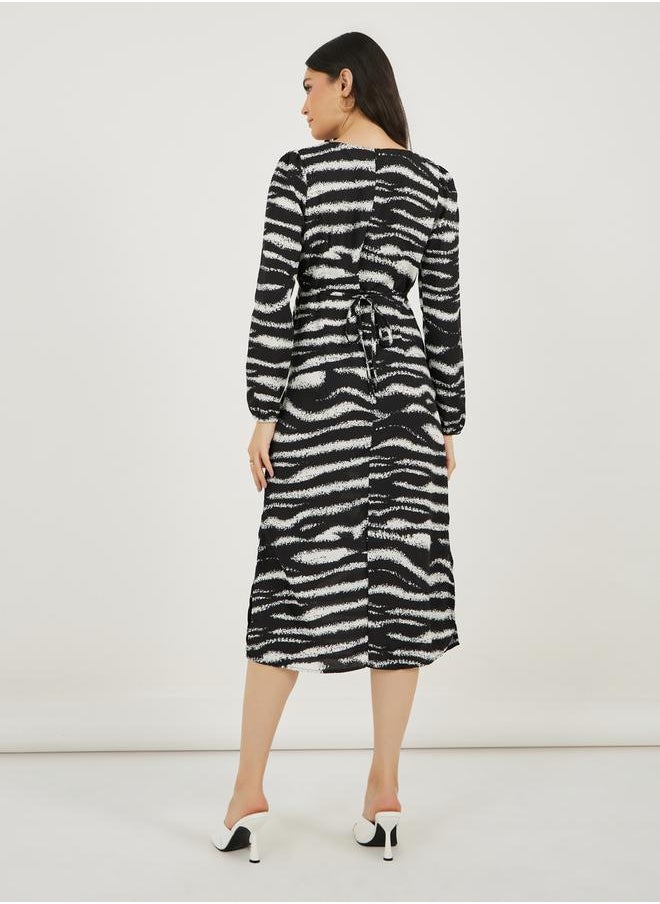 Styli - Animal Print Long Sleeves A-Line Midi Dress - Image 1