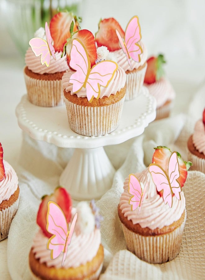 Lnngub 50 Pcs Butterfly Cupcake Toppers,Pink Gold Edge Mixed Size Butterfly Cake Decorations for Women's Birthday Party Wedding Anniversary Pink Butterflies for Cake Decor - Image 4