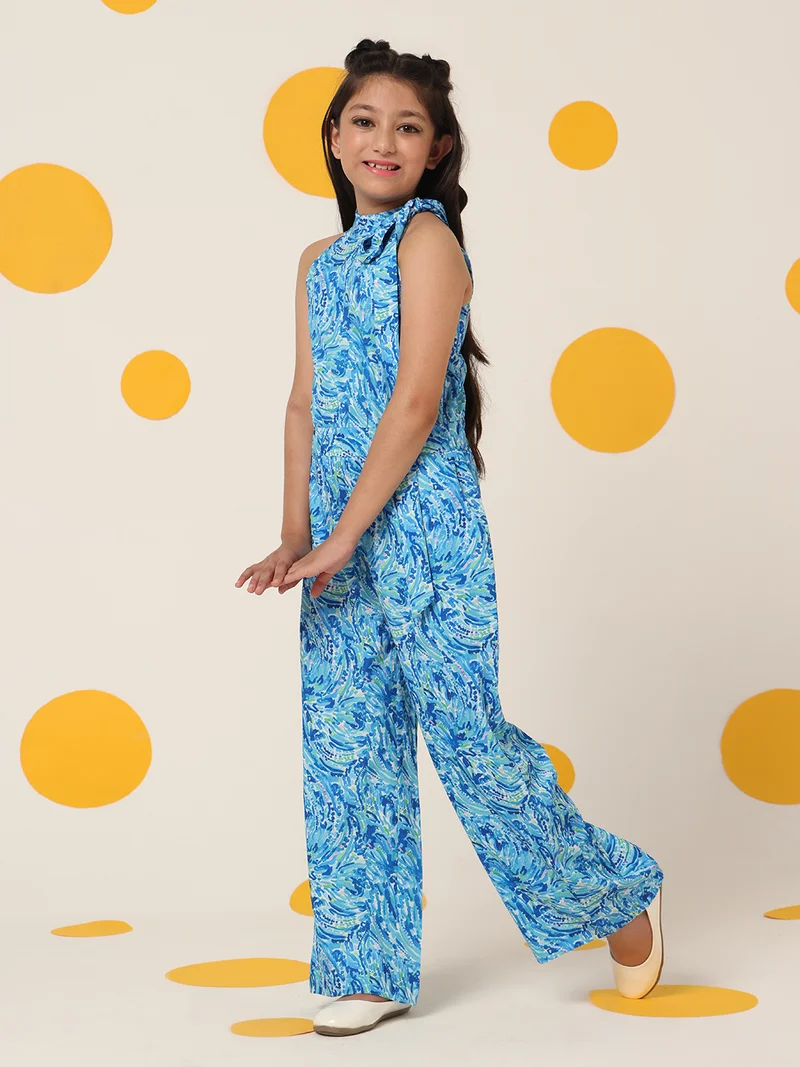 Cherry & Jerry Cherry & Jerry Girls Blue Printed Seersucker Full Length Jumpsuits