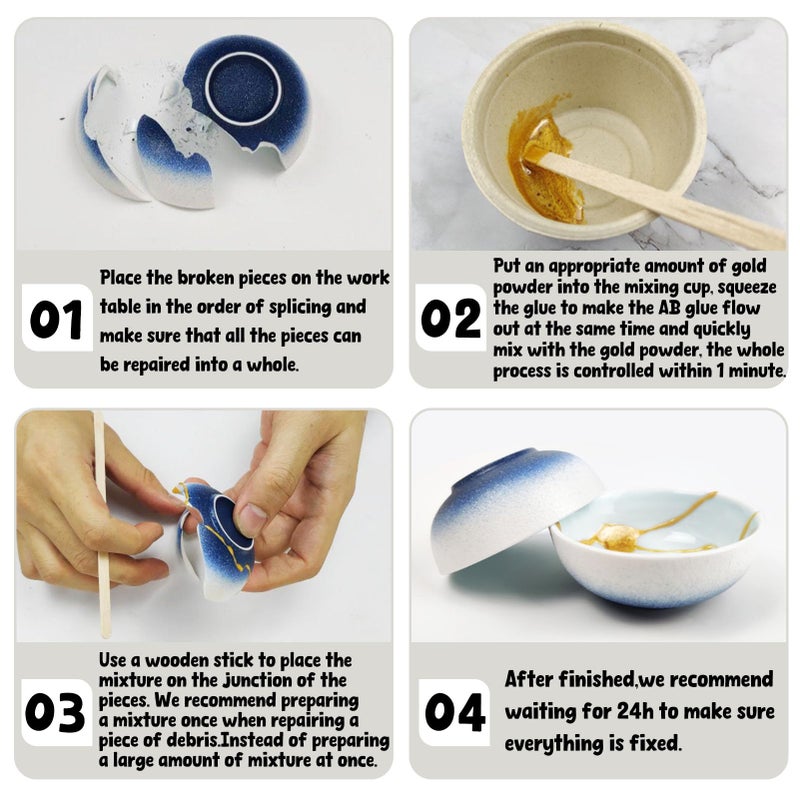 MUFUN Kintsugi Repair Kit, Repair Your Meaningful Pottery with KINTSUGI Gold Glue, Japanese KINTSUGI Ceramic Repair Starter Kit- an Practice Ceramic Cups Free for Kintsugi Beginner - Image 4