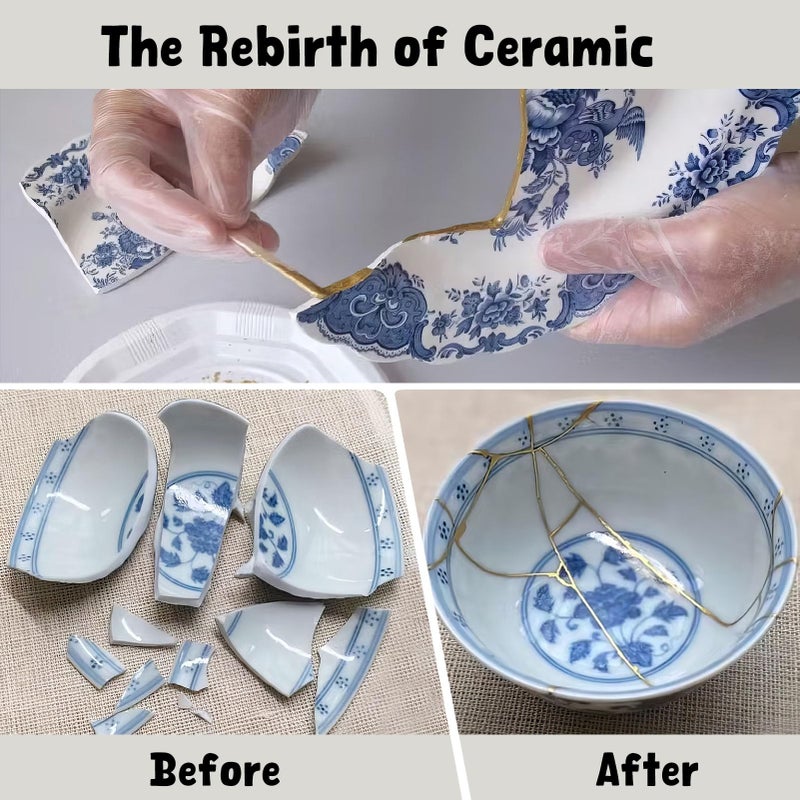 MUFUN Kintsugi Repair Kit, Repair Your Meaningful Pottery with KINTSUGI Gold Glue, Japanese KINTSUGI Ceramic Repair Starter Kit- an Practice Ceramic Cups Free for Kintsugi Beginner - Image 3