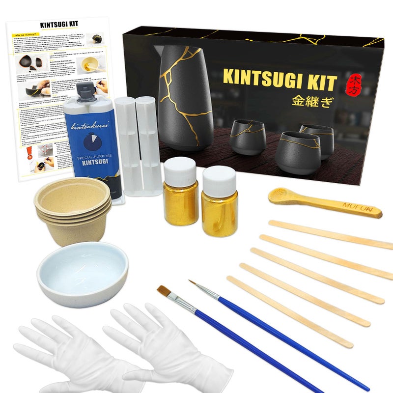 MUFUN Kintsugi Repair Kit, Repair Your Meaningful Pottery with KINTSUGI Gold Glue, Japanese KINTSUGI Ceramic Repair Starter Kit- an Practice Ceramic Cups Free for Kintsugi Beginner - Image 1