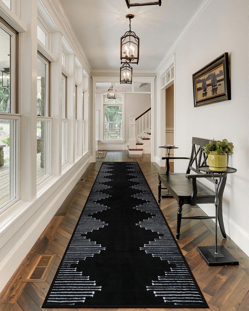 Seavish Runners for Hallways Non Slip 2.6x10 Low Pile Soft Black Carpet Runners Modern Geometric Faux Wool Entryway Rugs Indoor Decor Non Shedding Neutral Rugs for Entrance Kitchen Foyer Living Room - Image 2