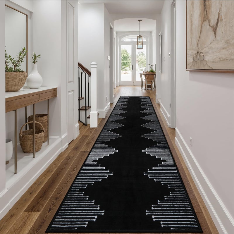 Seavish Runners for Hallways Non Slip 2.6x10 Low Pile Soft Black Carpet Runners Modern Geometric Faux Wool Entryway Rugs Indoor Decor Non Shedding Neutral Rugs for Entrance Kitchen Foyer Living Room - Image 1