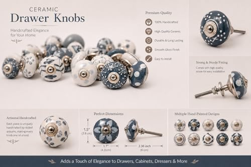 JGARTS 20 Knobs Grey & White Cream Hand Painted Ceramic Knobs Cabinet Drawer Pull Pulls - Image 2
