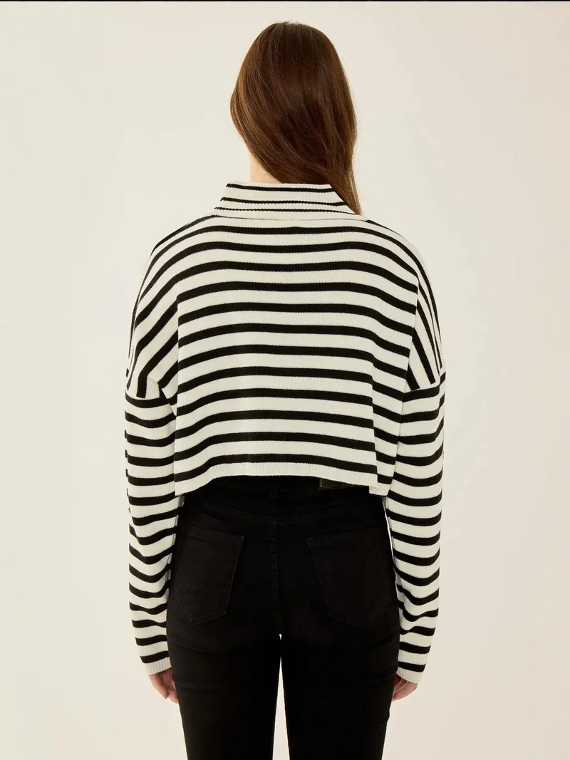 Hiccup Black Striped Cropped Oversized Turtleneck Sweater for Women | Best Price UAE