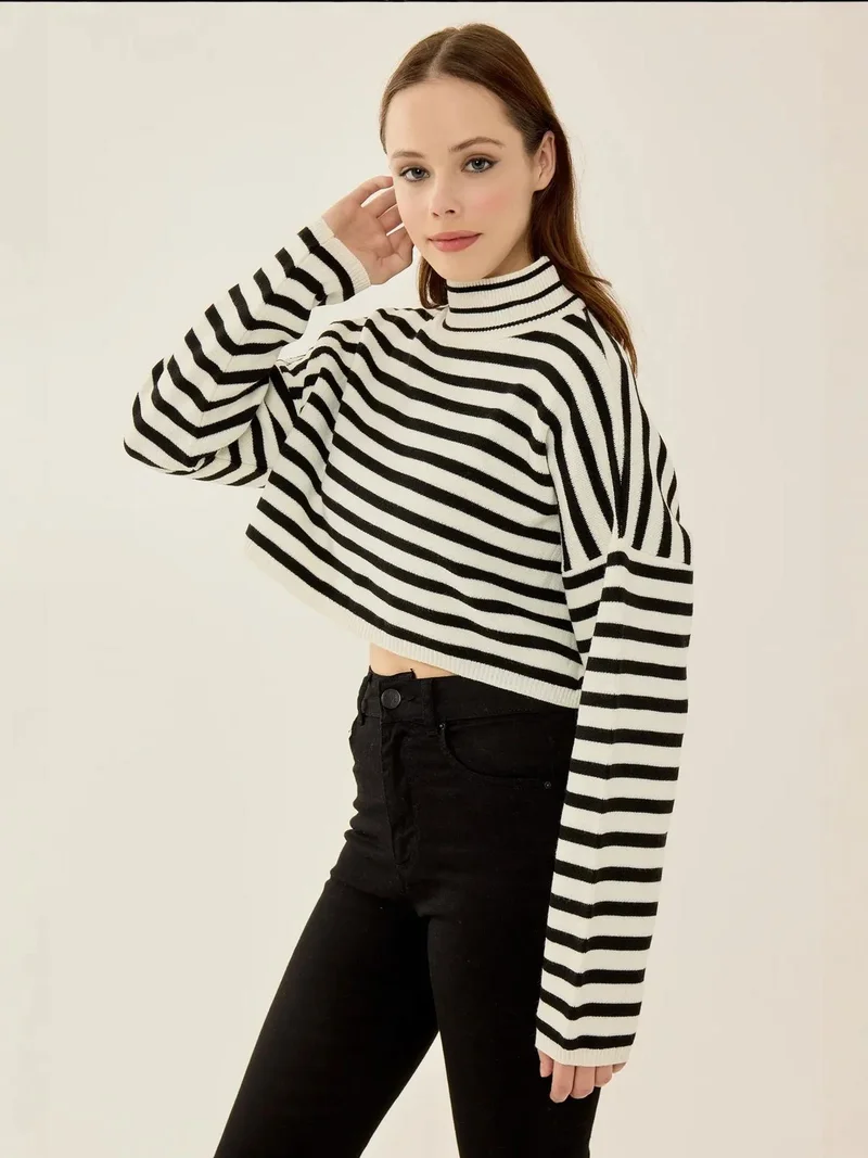 Hiccup Black Striped Cropped Oversized Turtleneck Sweater for Women | Best Price UAE
