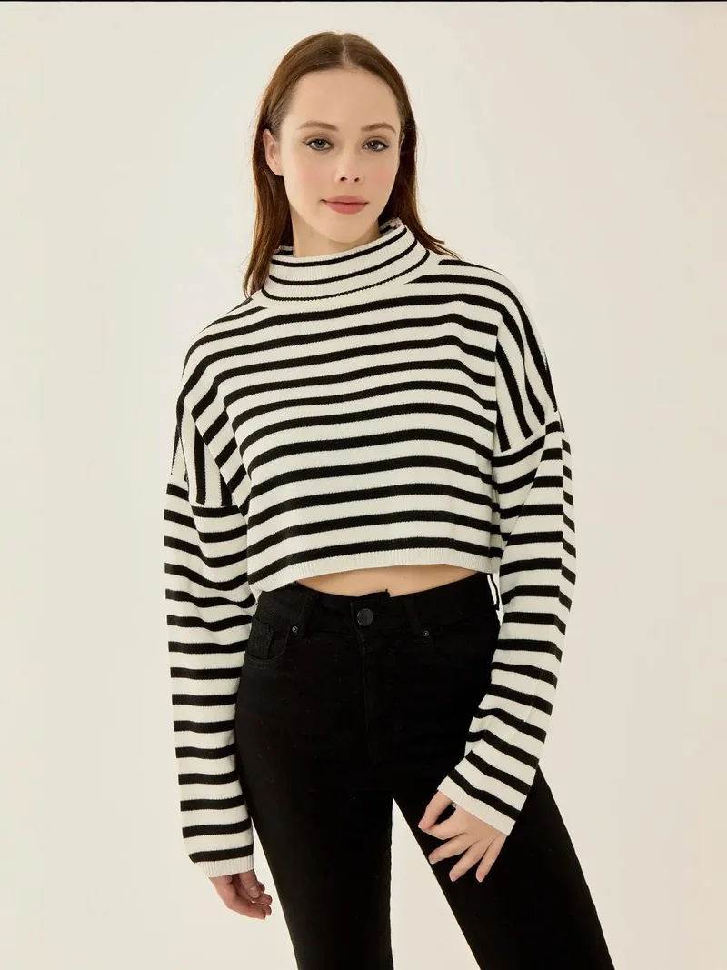 Hiccup Black Striped Cropped Oversized Turtleneck Sweater for Women | Best Price UAE