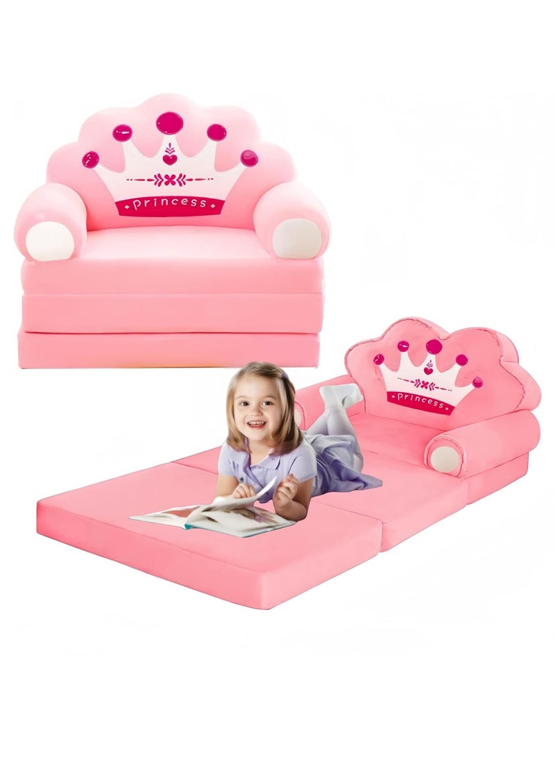 KHAJUL Foldable Cartoon Sofa Bed, Plush Kids Chair for Toddlers 1-3, High Density Foam Seat, Convertible Couch for Bedroom or Playroom (Pink)  - Image 2
