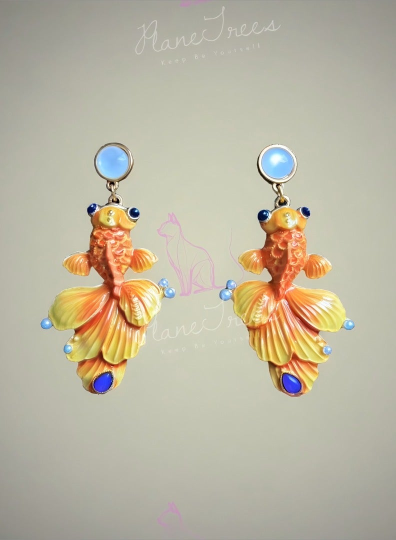 PLANE TREES Enamel Goldfish Drop Earrings – Vibrant Orange-Yellow with Blue Accents – Artistic & Playful Jewelry for Women - Image 1