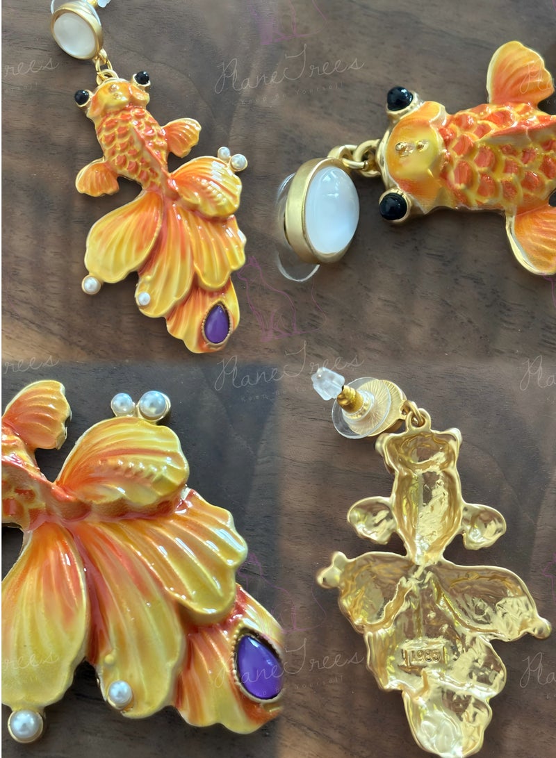 PLANE TREES Enamel Goldfish Drop Earrings – Vibrant Orange-Yellow with Blue Accents – Artistic & Playful Jewelry for Women - Image 2