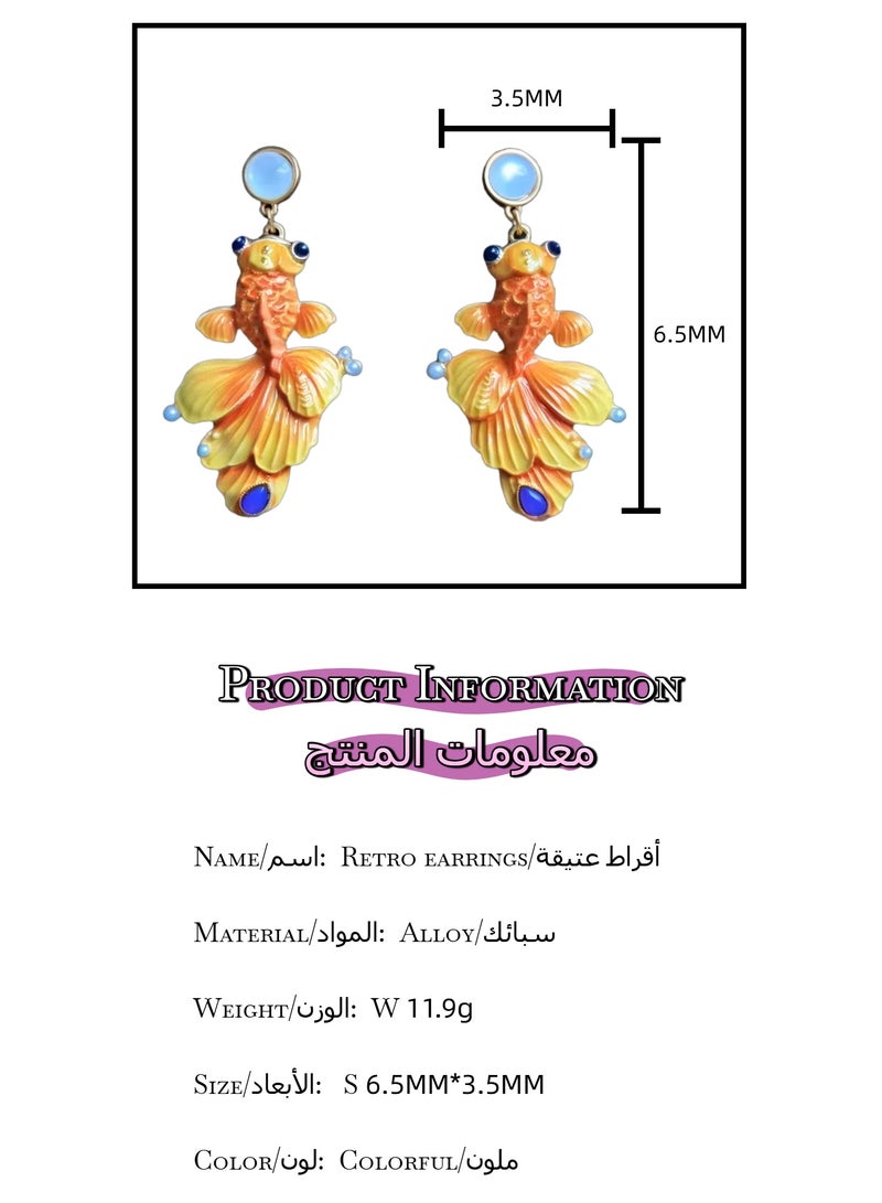 PLANE TREES Enamel Goldfish Drop Earrings – Vibrant Orange-Yellow with Blue Accents – Artistic & Playful Jewelry for Women - Image 4