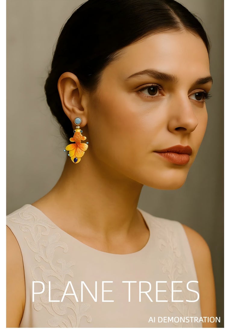 PLANE TREES Enamel Goldfish Drop Earrings – Vibrant Orange-Yellow with Blue Accents – Artistic & Playful Jewelry for Women - Image 3