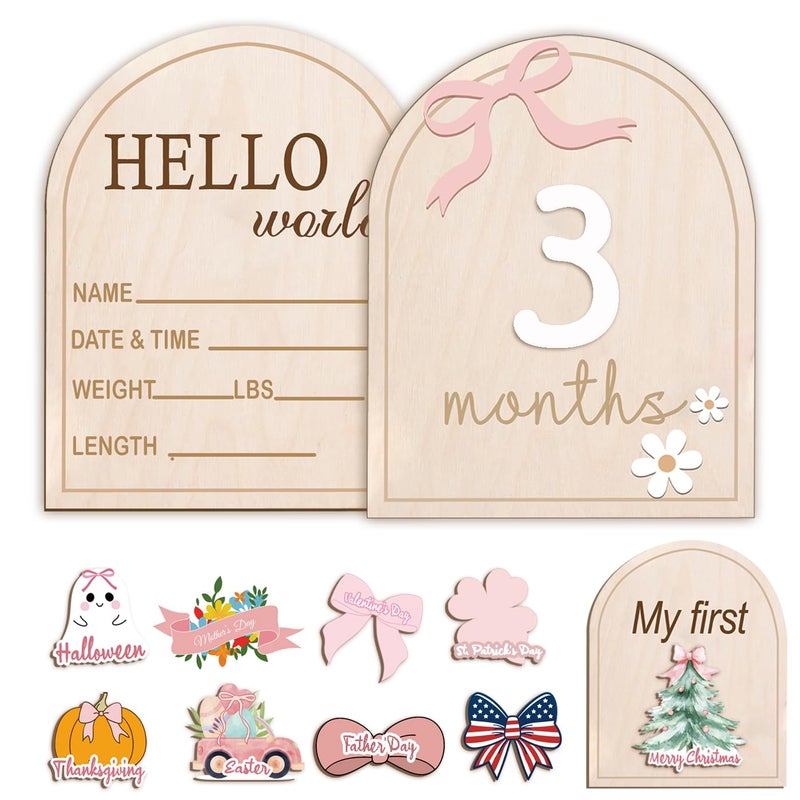 eoscasely Monthly Baby Milestone Wooden Signs, Double-Sided Bow-Themed Baby Milestone Discs with Hello World & My First Holiday Designs â€“ Cute Baby Announcement Sign & Photoshoot Props for Boys and Girls (Bow) - Image 1