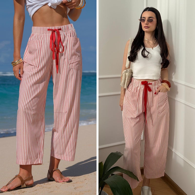 EXLURA Womens Faux Linen Striped Barrel Pants Comfy Drawstring Capri Pant with Pockets Summer Beach Vacation Lounge Trousers Red - Image 4