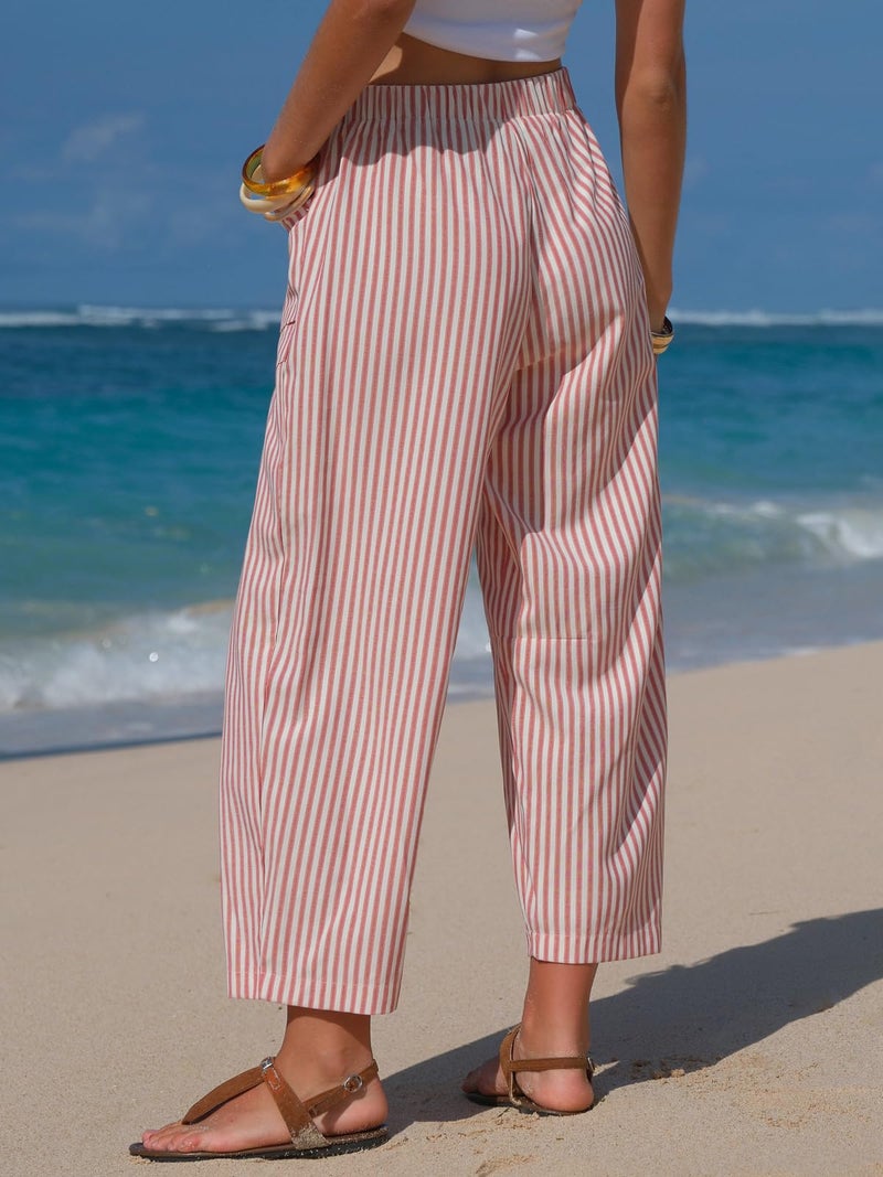 EXLURA Womens Faux Linen Striped Barrel Pants Comfy Drawstring Capri Pant with Pockets Summer Beach Vacation Lounge Trousers Red - Image 3