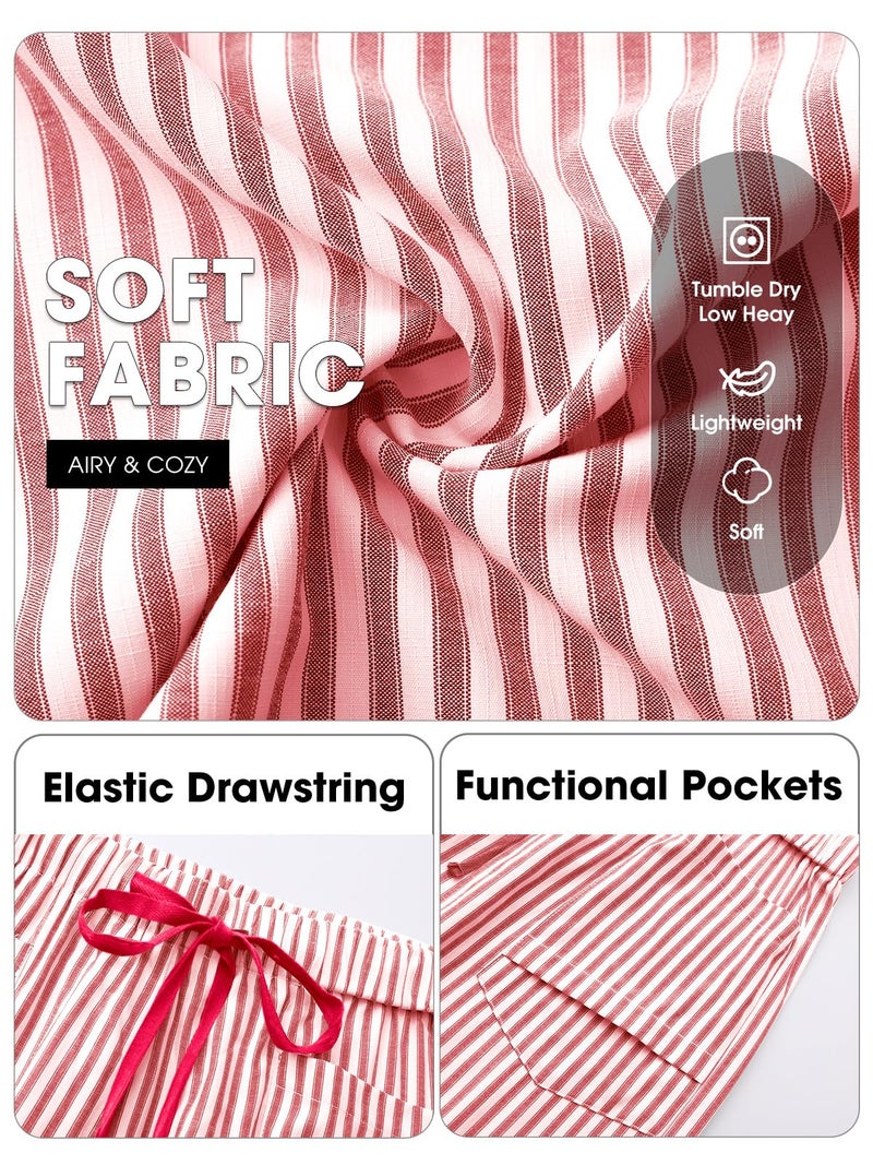 EXLURA Womens Faux Linen Striped Barrel Pants Comfy Drawstring Capri Pant with Pockets Summer Beach Vacation Lounge Trousers Red - Image 5