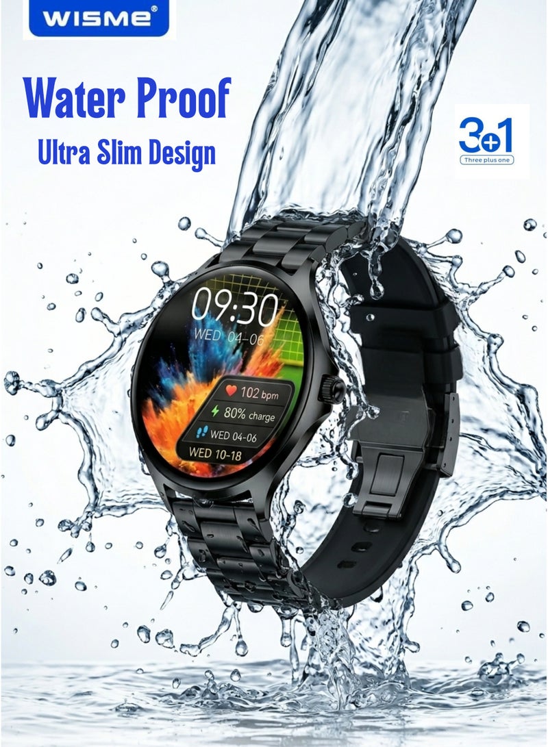 Wisme X57 Ultra Thin Smart Watch with 3 Straps (Metal + 2 Silicone), Super AMOLED Round Dial, Multi Sports Modes Fitness Tracker, Long Battery Life, Sleek Unisex Design Bluetooth Smartwatch (Black) - Image 1