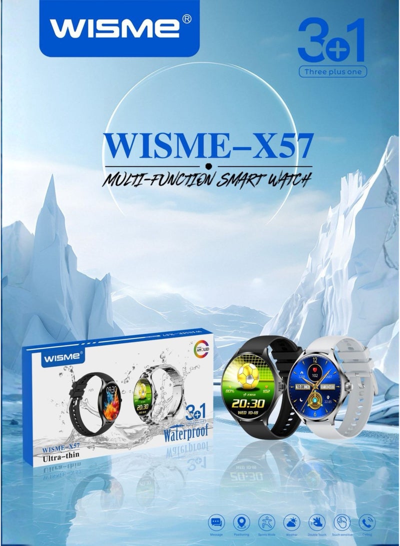 Wisme X57 Ultra Thin Smart Watch with 3 Straps (Metal + 2 Silicone), Super AMOLED Round Dial, Multi Sports Modes Fitness Tracker, Long Battery Life, Sleek Unisex Design Bluetooth Smartwatch (Black) - Image 2