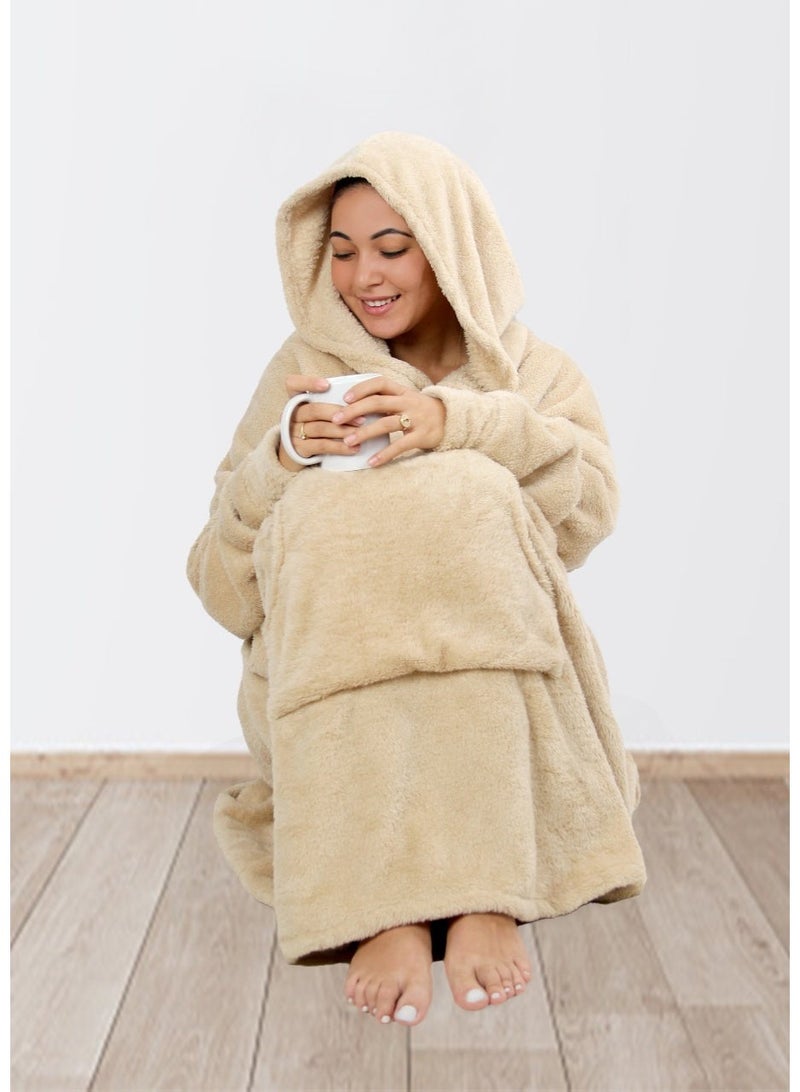 Snooze Over Sized Wearable Blanket with Hoodie  Beige - Image 3