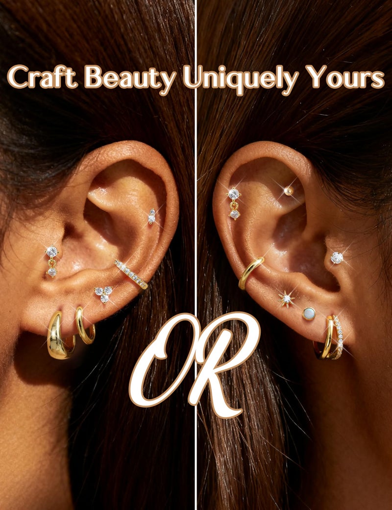 LOYALLOOK Hypoallergenic Flat Back Earrings for Women 14K Gold Plated Surgical Steel Stud Hoop Earring Stacks Dainty Small Huggie Hoops Flatback Stud Cartilage Earring Sets for Multiple Piercing - Image 2