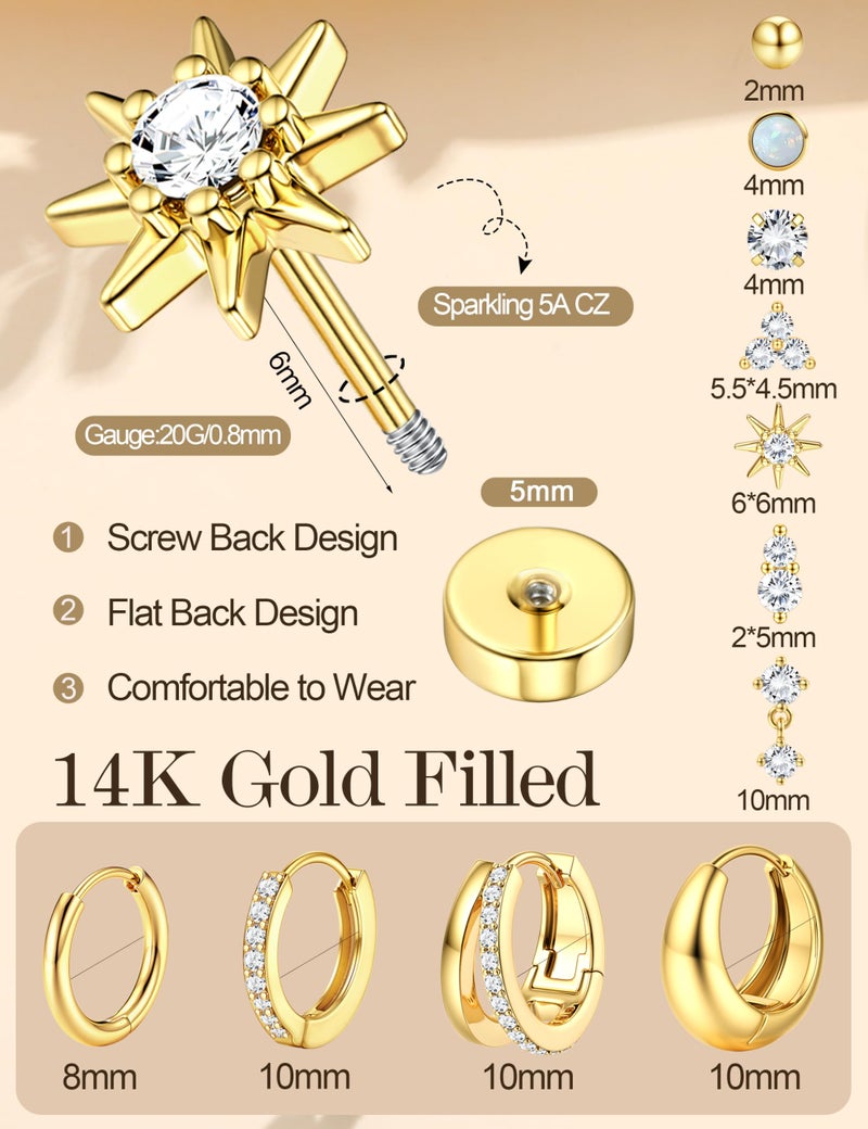 LOYALLOOK Hypoallergenic Flat Back Earrings for Women 14K Gold Plated Surgical Steel Stud Hoop Earring Stacks Dainty Small Huggie Hoops Flatback Stud Cartilage Earring Sets for Multiple Piercing - Image 5