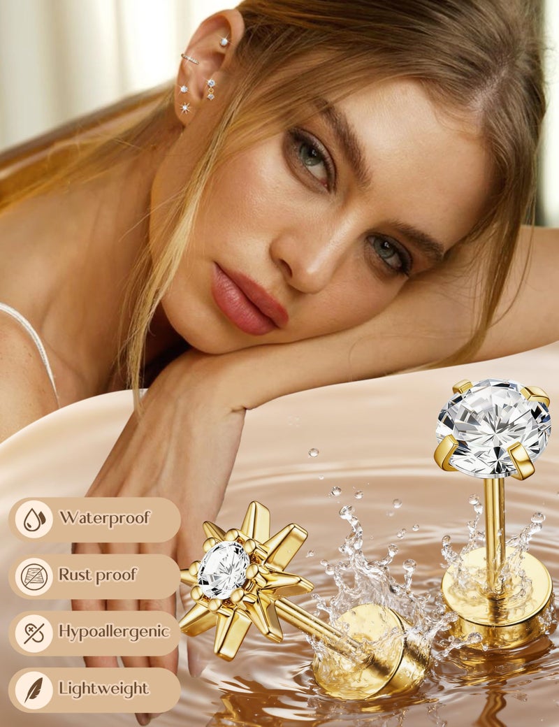 LOYALLOOK Hypoallergenic Flat Back Earrings for Women 14K Gold Plated Surgical Steel Stud Hoop Earring Stacks Dainty Small Huggie Hoops Flatback Stud Cartilage Earring Sets for Multiple Piercing - Image 4
