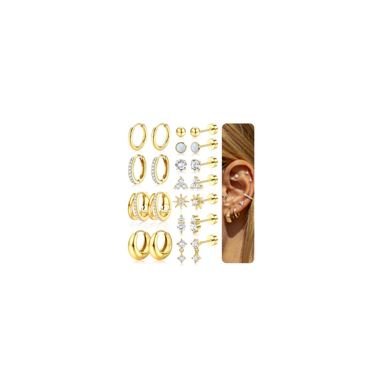 LOYALLOOK Hypoallergenic Flat Back Earrings for Women 14K Gold Plated Surgical Steel Stud Hoop Earring Stacks Dainty Small Huggie Hoops Flatback Stud Cartilage Earring Sets for Multiple Piercing - Image 1