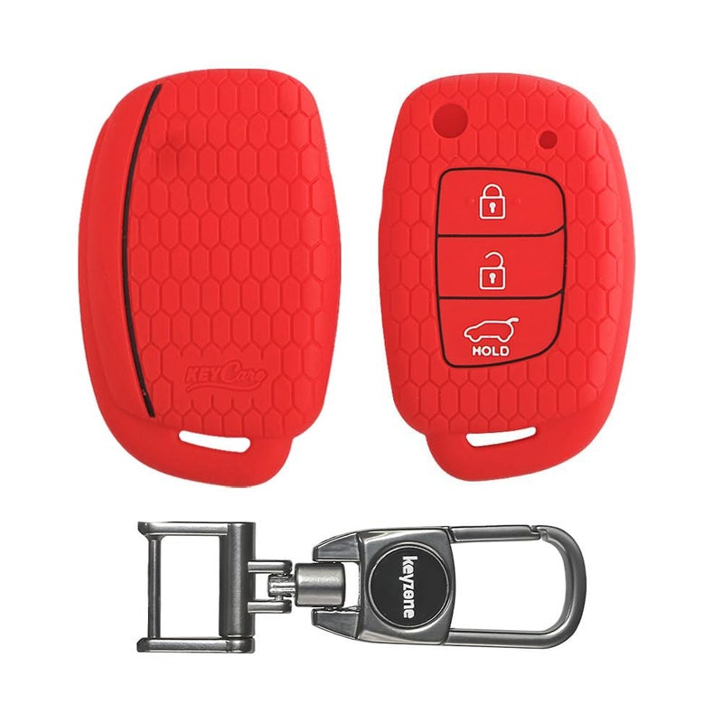 Keyzone Silicone Key Cover for Hyundai Creta, Venue, Tucson, Alcazar, i20, Xcent, Aura, Elite i20, Active i20, Grand i10 flip Keys (Red with MAH Key Holder) - Image 1