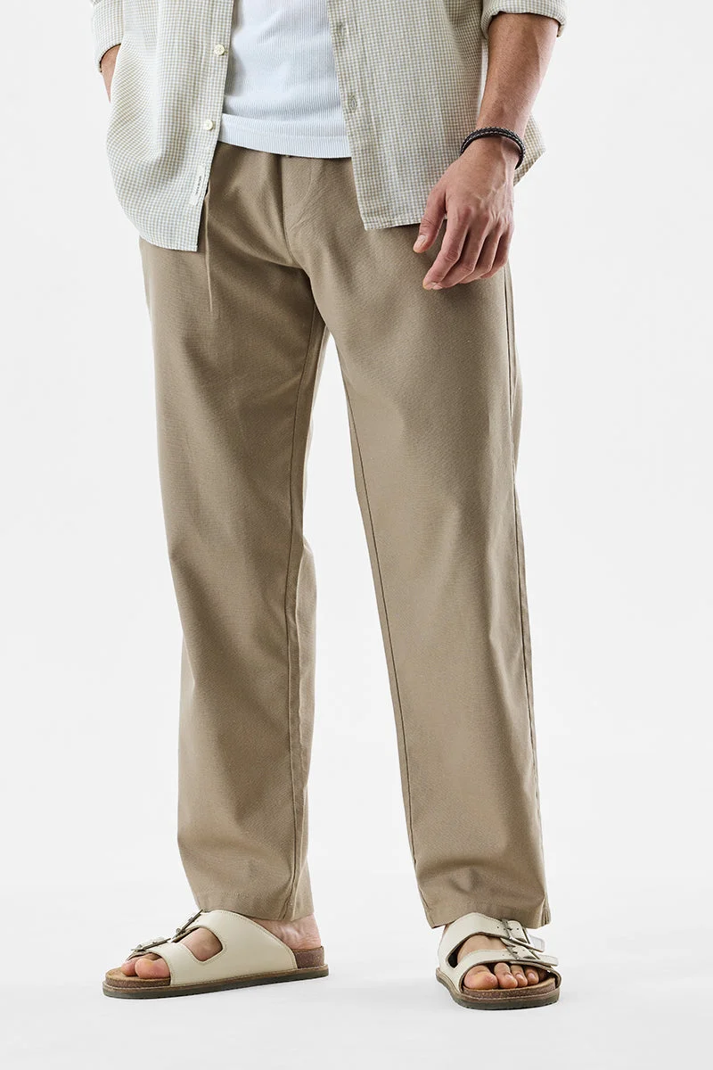 SNITCH Beige Solid Regular Fit Casual Trousers