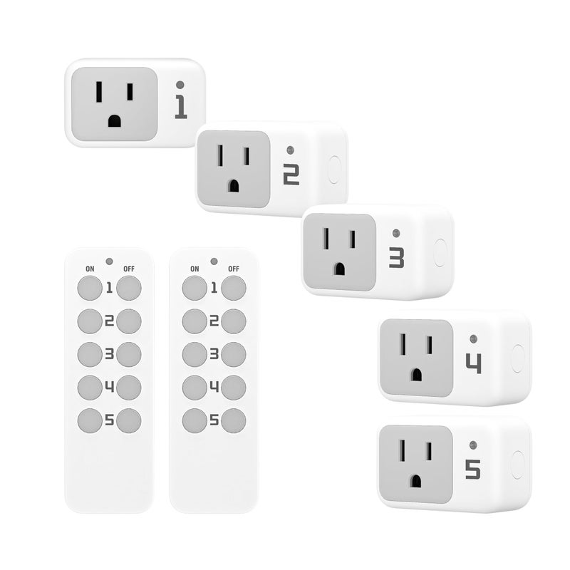 TESSAN Wireless Remote Control Outlet, TESSAN Electrical Wall Plug with ON/Off Light Switch for Indoor String Lights, Lamps, Home Appliances, 100ft Range (2 Remotes + 5 Outlets) - Image 1