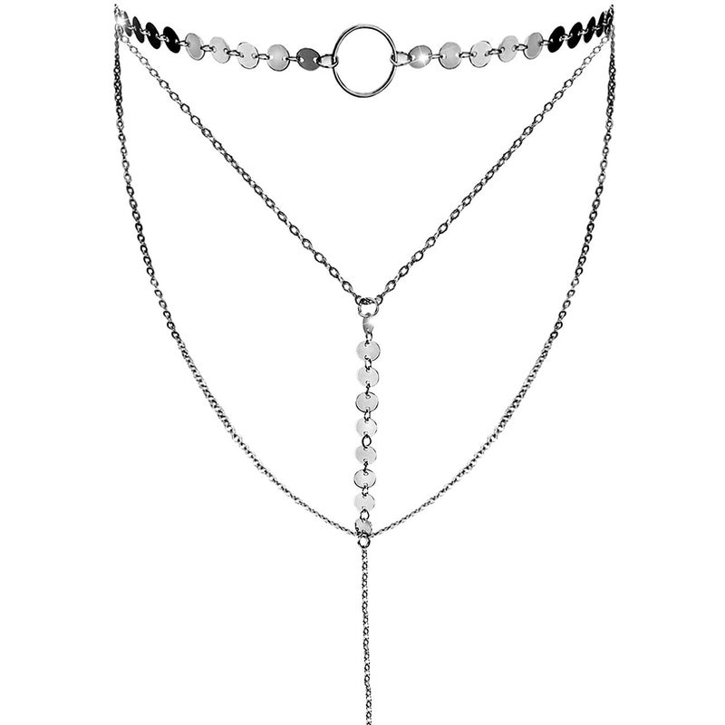 Suyi Stylish Layered Sequins Choker Necklace with Thin Long Chain Pendant for Women Lady A-Silver