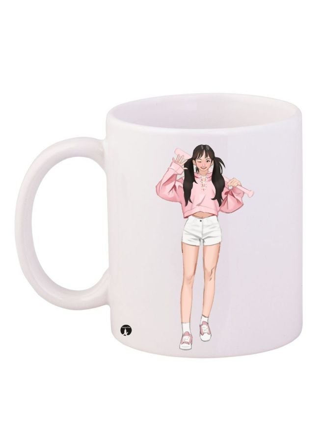 RYN Cartoon Girl Printed Coffee Mug White/Pink/Beige 11ounce