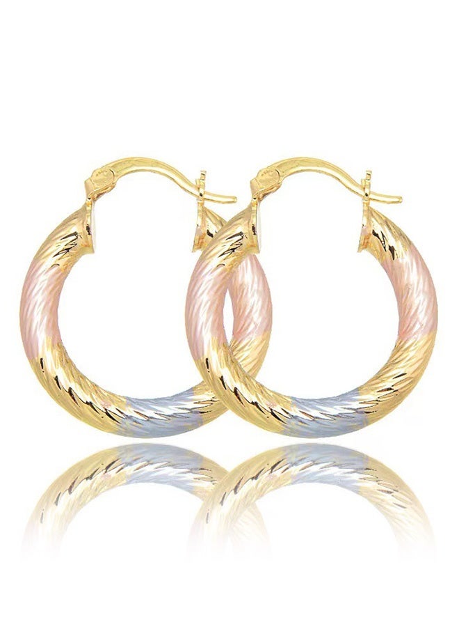 أقراط دائرية ثلاثية الألوان من الفضة الإسترلينية المطلية بالذهب عيار 14 قيراطًا | أقراط نسائية بتصميم موجة ملتوية - متعددة الاستخدامات وأنيقة - Image 1